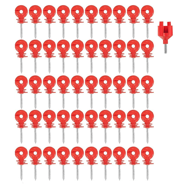 Elektrisk stängselisolator Inskruvningsisolator Stängselringstolpe Trästolpeisolator med isolatoruttagsverktyg, 50 st,A Red  Silver