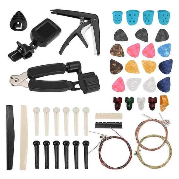 65 st Gitarrtillbehör Kit med Gitarrsträngar, Stämapparat, Capo, Plektrum, Plektrumhållare, Tumplektrum