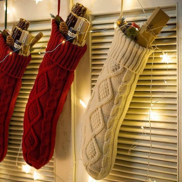 Annen dekorasjon til jul Kabelstrikkede julestrømper Sett Solid Hvit Elfenben Klassisk 45cm, 2 STK