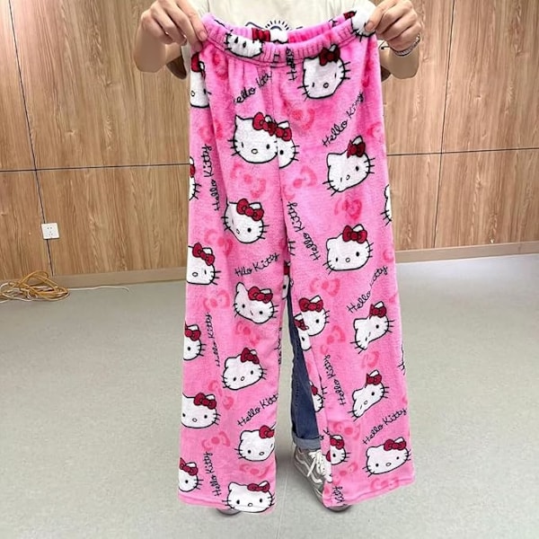 Hello Kitty Flanell Pyjamas Mjuka Kawaii Pyjamas Hembyxor Cartoon Casual Anime Bekväma Höst- och Vintervarma Pyjamas Casual Byxor pink M