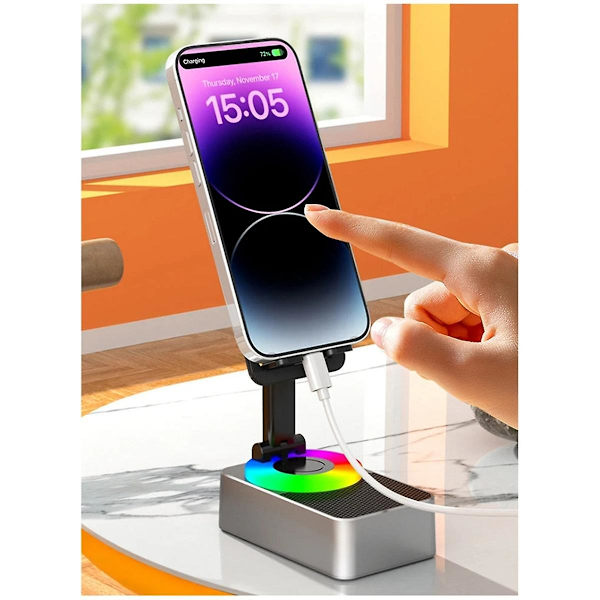 3-i-1 mobiltelefonholder, lyd powerbank, Bluetooth-opkalds højttaler, multifunktionel foldbar roterende skrivebord, Gray