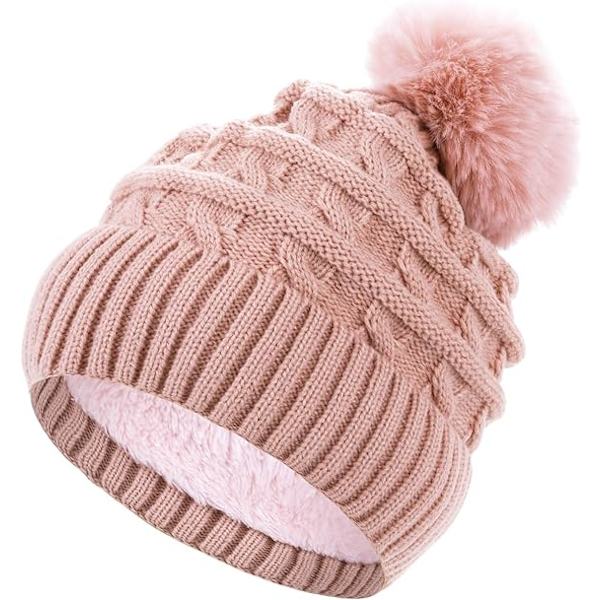 Naisten pompom-hattu, talvinen pipohattu, lämpövuorellinen fleece-hattu, naisten neulotut villahatut tekoturkispompomilla Pink