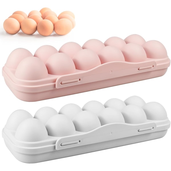 2x 12 Grid Egg Storage Box, Egg Holders for Refrigerator, Egg Box with Lid PP Egg Holders with Lid, Stackable, for Kitchen, Picnic,  Gray + Pink