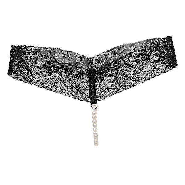 Sexy kvinner Skrittløse truser Sheer Lace Thong Undertøy Perler Strings Black