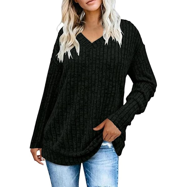 Dame Casual V-hals Langærmet Strikket Genser Klassisk Ensfarget Stretchy Vinter Varm Genser Jumper Topper Black XL