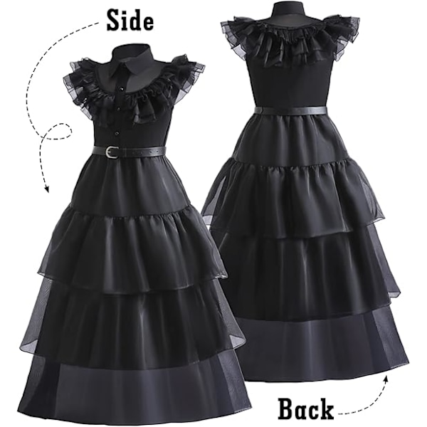 Sort kostume Pigekjole til børn Sort outfit Halloween kostumer Cosplay fest med bælte paryk sokker 4-15 år Black 121cm