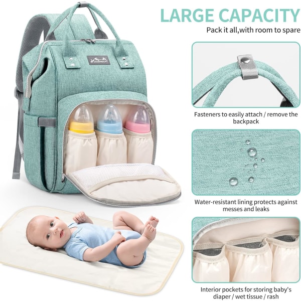 Baby Resväska, vattentät skötväska Oxford-väskor, ryggsäck med stor kapacitet med 1 skötunderlägg och 2 barnvagnsremmar - Cyan