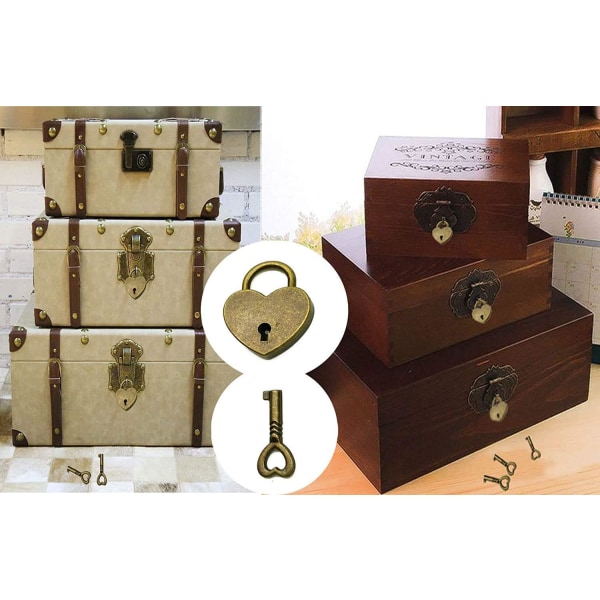Sæt med 2 antik vintage stil archaize mini hængelås med nøgle, antik bronze mini hængelås (hjerte)