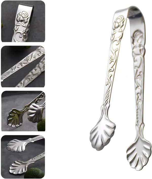 2 stk Rustfritt Stål Rose Design U-formede Tenger, Mini Sukkerbit-istenger for Teselskap Kaffebar (Sølv)
