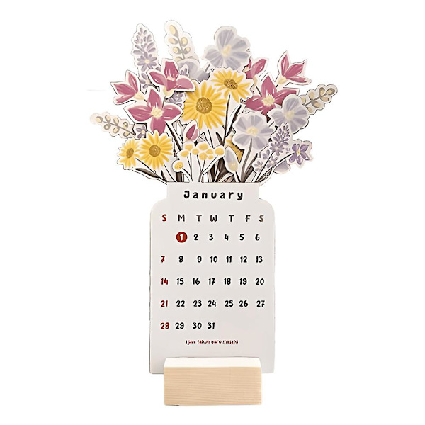 2024 Bloomy Flowers -pöytäkalenteri, luova kukkapöytäkalenteri, kukkakalenteri, puinen jalusta, kodin ja toimiston sisustus