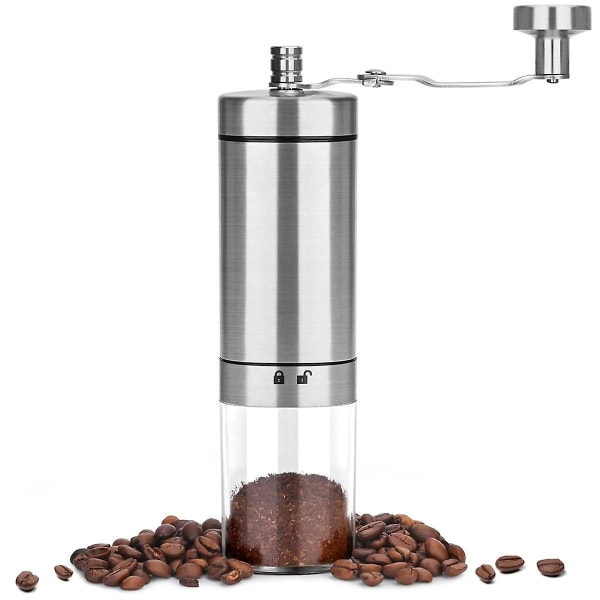 Manuell kaffekvern, håndkaffekvern i rustfritt stål med sammenleggbart håndtak, justerbar kaffebønnekvern Silver