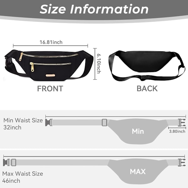 Fanny Pack Fashionable Waist Bag Casual Travel Bum Bag med 3 lynlåslommer til kvinder mænd sportsløb vandreture jogging (sort)