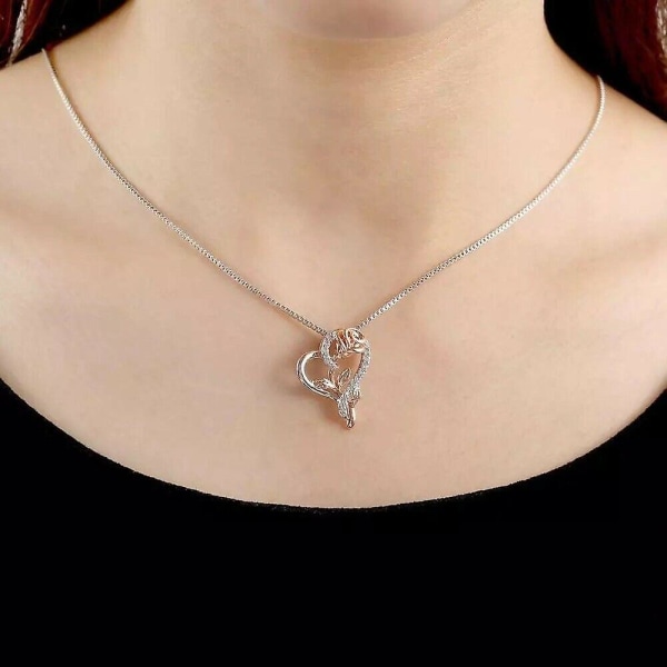 Kvinnor Rose Heart Hänge Halsband Ornament Gift Sliver