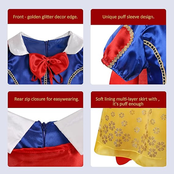 Snövit Prinsessklänningar för Flickor Prinsessan Snövit Kostym Halloween Julparty Cosplay Kläder 3-10 År 3-4T