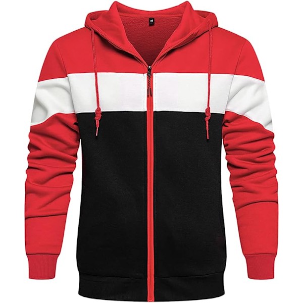 Herre Langærmet Hoodie Jakke Hættetrøje Lynlås Efterår Frakke med Lommer Black Red L