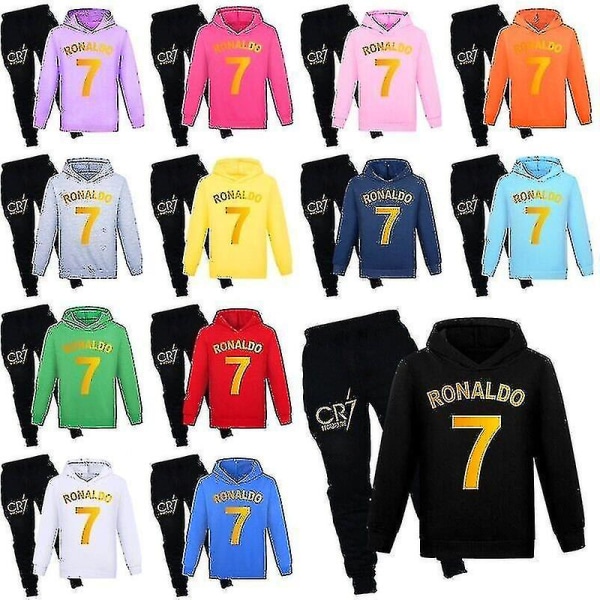 Børn Drenge Ronaldo 7 Print Casual Hættetrøje Træningsdragt Sæt Hættetrøje Top Pants Suit Yellow 150CM 11-12Y