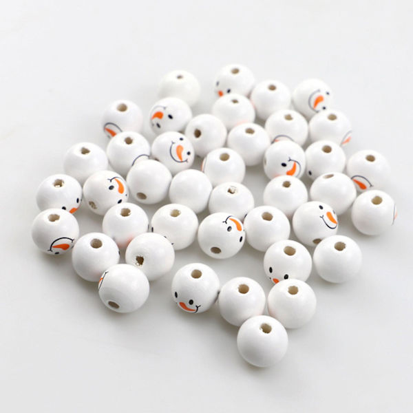 50 kappaleen joukko jouluaiheisia puuhelmiä, maalaistalon helmiä, valkoisia painettuja puuhelmiä Snowman