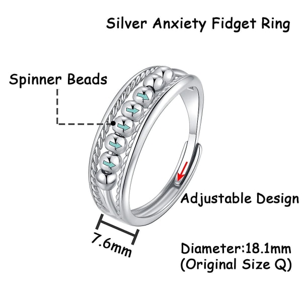 Anxiety Ring for Women, Sterling Silver Fidget Ring, Adjustable Beads Rings Anxiety Rings, Stress Reliever Spinner Rings for Men Women