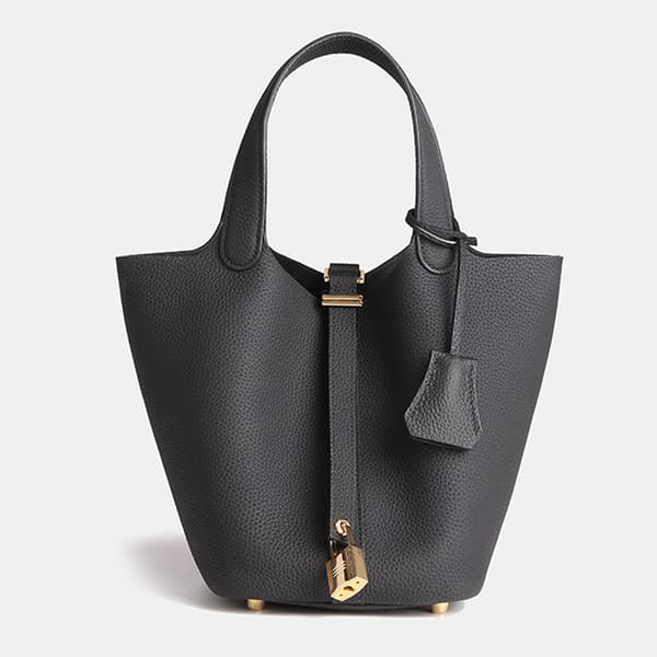Black Cowhide Leather Bucket Bag with Lychee Texture Perfect for Everyday Use Black