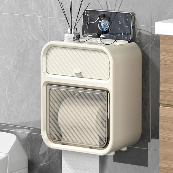 Seinäkiinnitteinen rullatyyppinen wc-paperinjakaja, vedenkestävä paperirullan säilytyslaatikko laatikolla, liimautuva wc-paperin rullanpidike