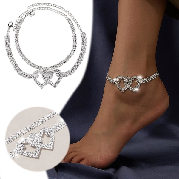 Heart Rhinestone Ankle Bracelets - Adjustable Silver Shiny Tennis Anklets