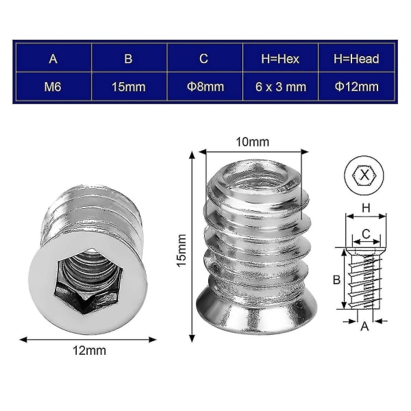 100 stk treskruer med sekskantmutter M6 x 15 mm sinklegeringsskruer med gjenger for møbler, stoler og tresenger