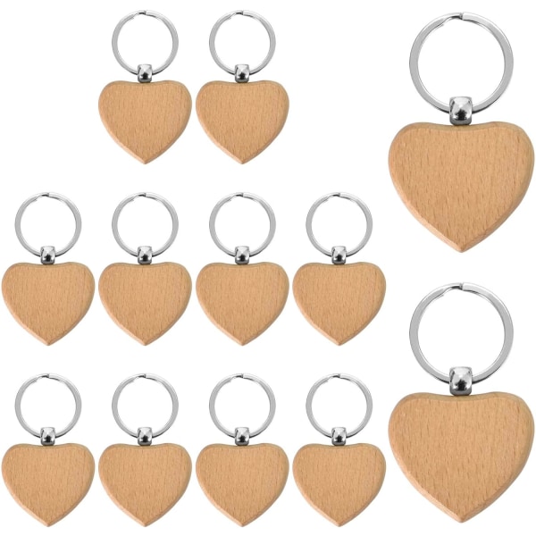 12 delar bokträ nyckelringar, naturligt trä rundor DIY blank nyckelring, träetiketter för nycklar Kvinnor Män Hängande dekoration för mobil väska (hjärta)