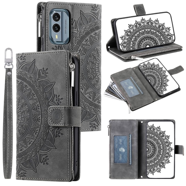 For Nokia X30 5g Mandala Flower Preget Pu Leather Case Magnetisk lås Multi Card Slot Beskyttende deksel med glidelås lommebok og håndleddsstropp Grey