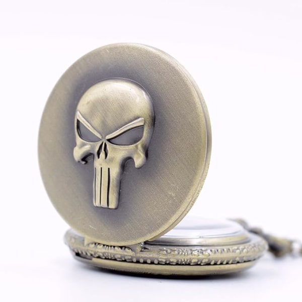 Kranietema 3D børstet bronzeeffekt kvarts lommeur halskæde - på 32" tommer / 80 cm kæde