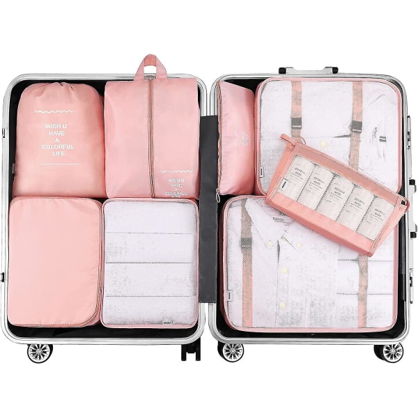 8 stk Organiseringssett Bagasje Koffert Oppbevaringsposer Pakking Reisekuber Gaver Pink