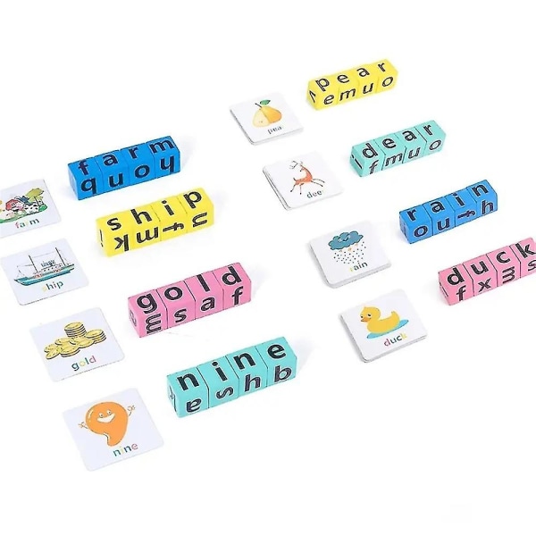 Ordstavespil Trælæsningsbyggeklodser med 40 kort bogstaver puslespil til førskolebørn Si