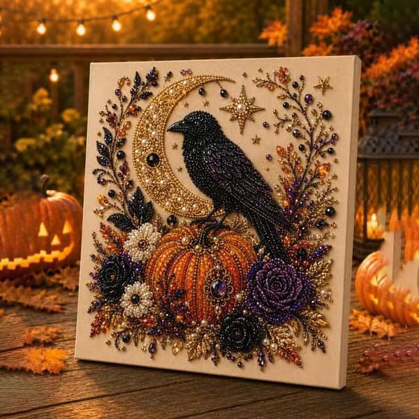 Halloween Crow Pumpkin Diamond Painting Kit, DIY 5D Bead Art with Pre-stretched Frame and Complete Tools D