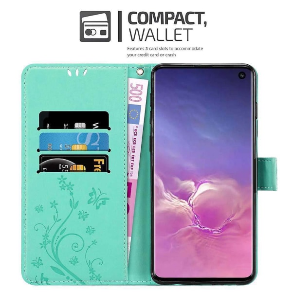 Samsung Galaxy S10 4G Mobiltelefon Deksel Etui - med Blomstermønster og Stativfunksjon og Kortlomme FLORAL TURQUOISE Galaxy S10 4G