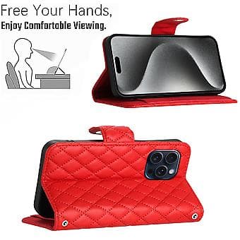 For iPhone 13 Pro Rhombus Pattern Flip Leather Phone Case with Lanyard Red