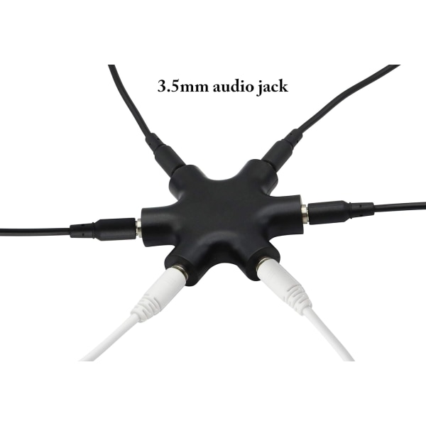 Hodetelefonsplitter, svart 6-ports 3,5 mm hodetelefonadapter for stereolyd for kvinner, kobling med 3,5 mm M/M stereopluggkabel (hvit).