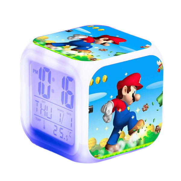 Super Mario Bros Theme 7 Väriä vaihtava digitaalinen lämpömittari herätyskello LED-näytöllä kuutio yövalo yövalo Kodinsisustus lelulahjat lapsille B