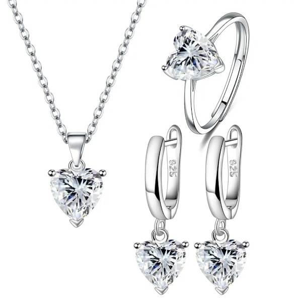 Elegant 925 Silver Smyckeset för Kvinnor Zirconia Hjärtring Örhängen Halsband för Bröllop Jul Gratis Frakt Varumärke Blanco