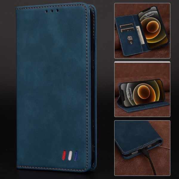 Iphone 12 Case Magnetstängning Plånbok Bok Flip Folio Stativ Cover Stötsäkert - Blå