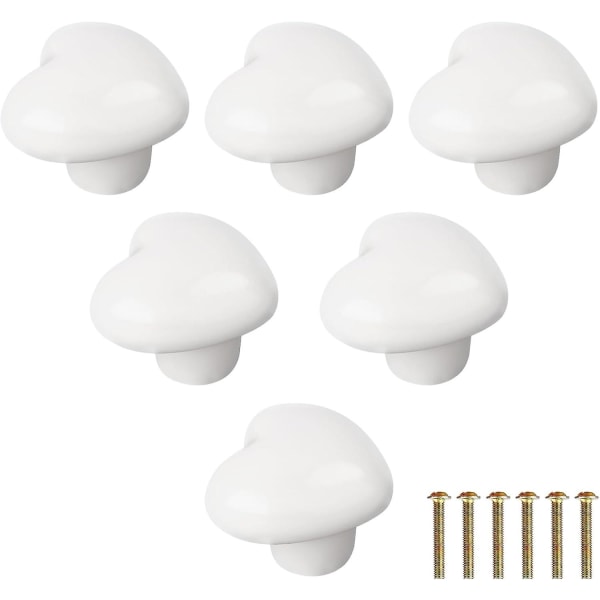 Paket med 6 hjärtformade skåpsknoppar, keramiska möbelknoppar, lådknoppar, knoppar för skåp med skruv för skåp, garderober (vita)