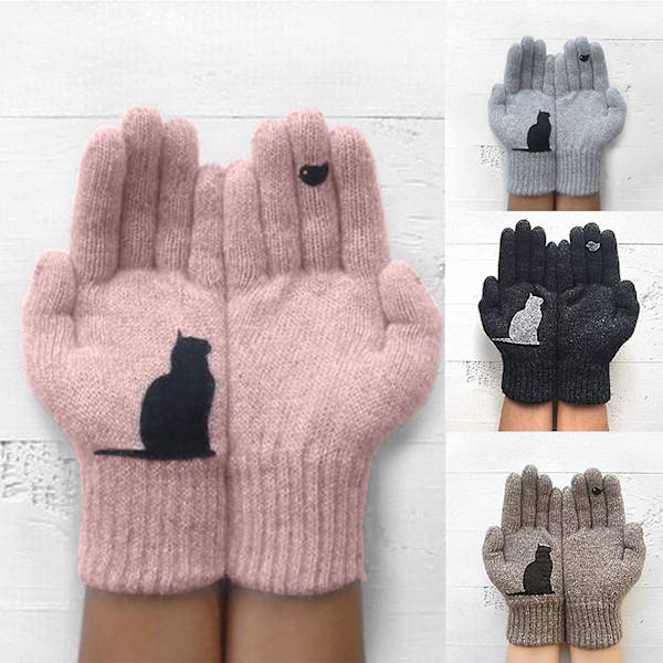 Varma stickade handskar för kvinnor, katter som ser fåglar sy tryck helfingrar vinter utomhus termiska vantar handskar Pink