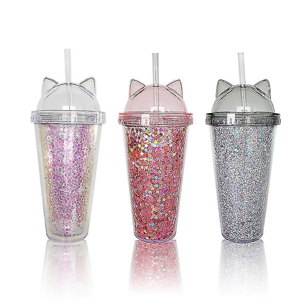 Olki glitter-mukeilla Konfetti väri -420ml Kannettava juomavesipullo oljella Kaksinkertainen kerros Oljet Vesi kupit Muovi juomamuki black