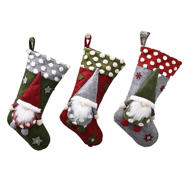 Julestrømpe 3-pakning, 3d Gnomes Santa Julestrømper til familiens julepynt