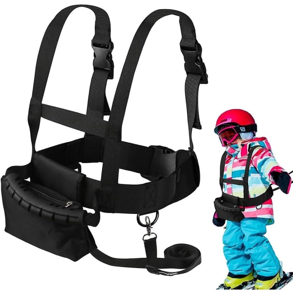 Ski- og snowboardtræningssele til børn, skøjtetræningsbælte med aftagelig ledning og taske, genanvendelig skitræningsrem Black
