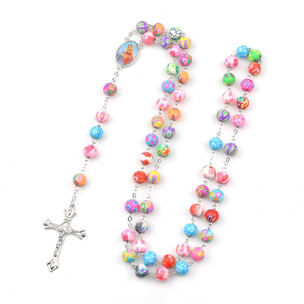 Färgglada katolska rosenkranshalsband Polymerlera rund pärla Our Lady of Mary för korshänge katolskt halsband
