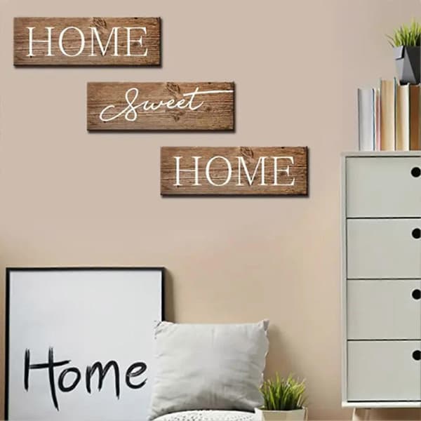 Träskylt \"Home Sweet Home\" – 3 delar rustik – för vardagsrum, sovrum, kök, ytterdörr A