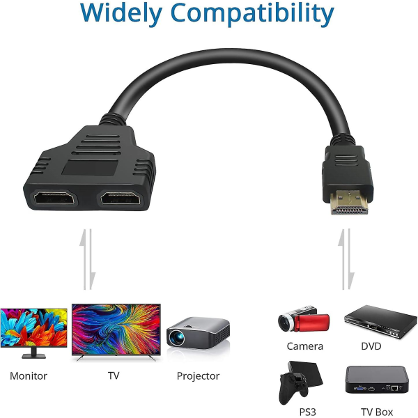 HDMI Splitter Adapter Kabel - HDMI Splitter 1 In 2 Out/hdmi Hane Till Dual HDMI Hona 1 Till 2 Way För HDMI Hd, Led, Lcd, Tv, Stöd för två TV-apparater samtidigt