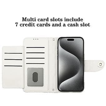 Til iPhone 13 Pro Rombemønstret Flip Læder Telefoncover med Snor White