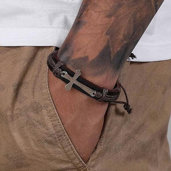 Läderarmband för män med bibeltext, korsarmband, justerbart armband, present till män och pojkar (brunt)