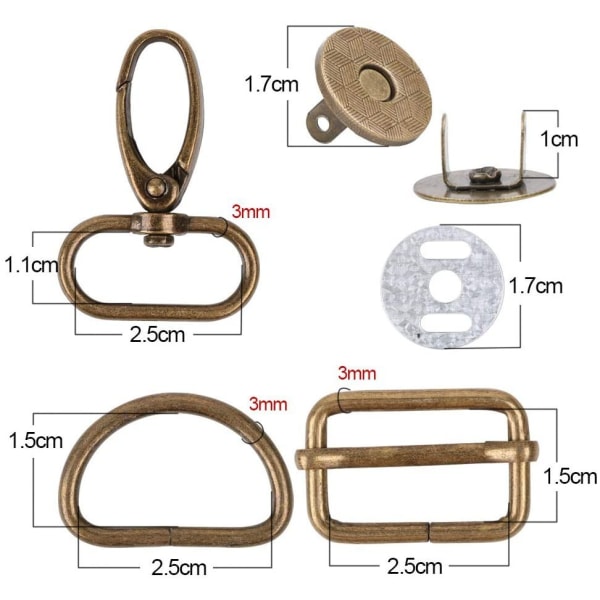 40 st metall Tri-Glide spänne + D-formade ringar + vridbara krokar + magnetiska sömnadsknappar DIY-tillbehör för bälte Ryggsäck Craft Bags