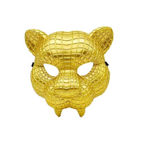 Plastleopardmaske med gullfinish og elastisk stroppfeste.